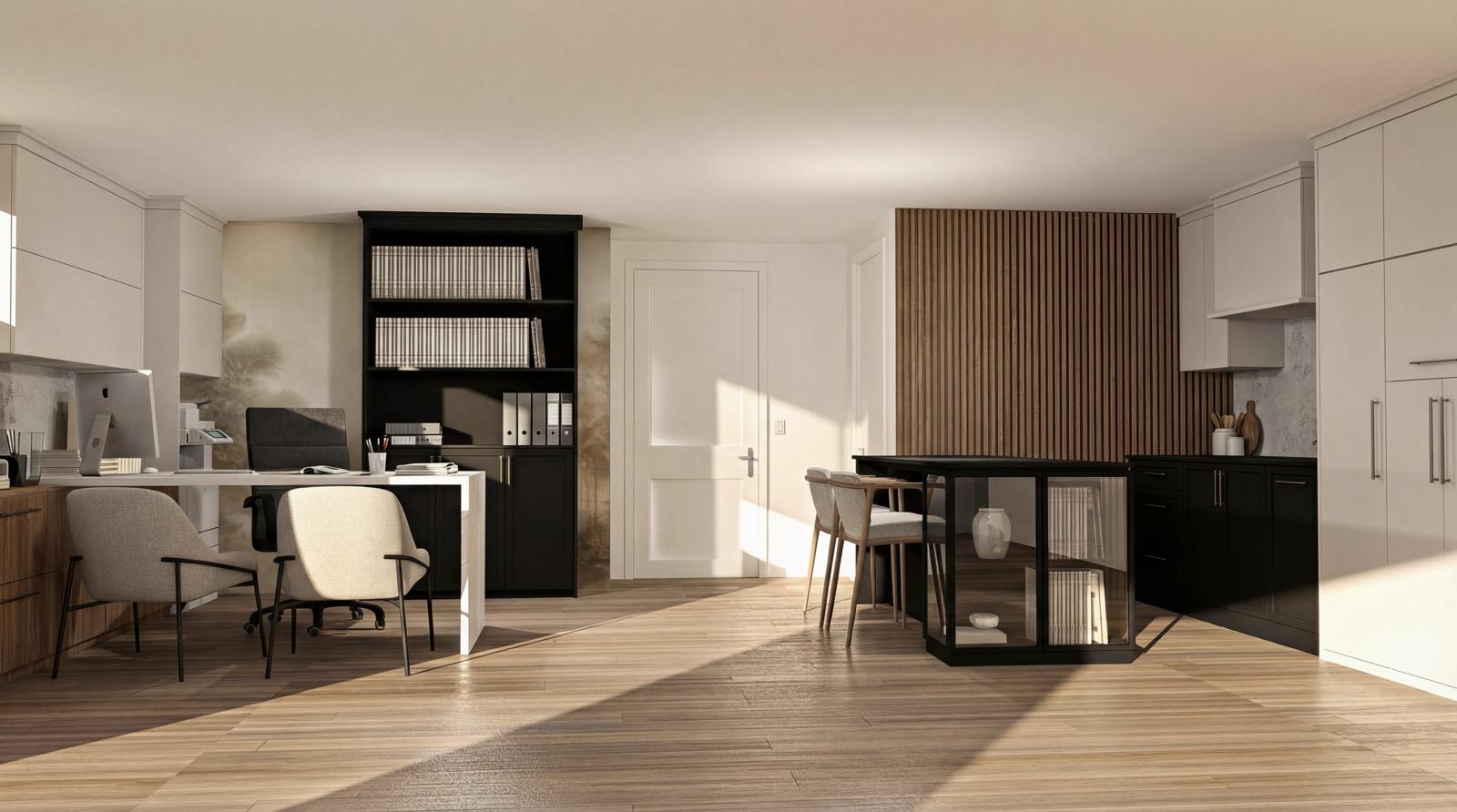 Bureau intégré sur mesure avec bibliothèque noire, armoires et mur de lattes de bois